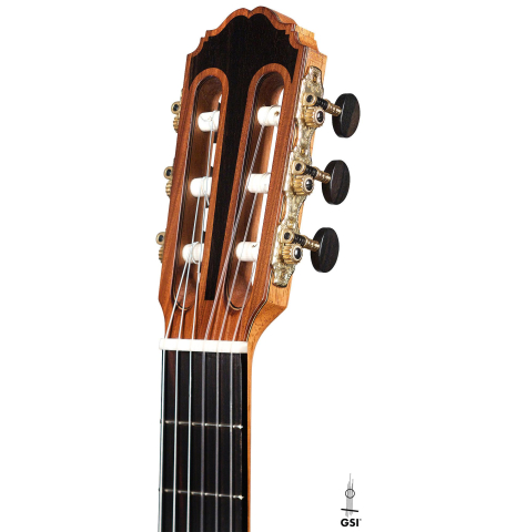 The headstock of a 2020 Kenneth Brogger "Stradivarius" classical guitar made of spruce and CSA rosewood