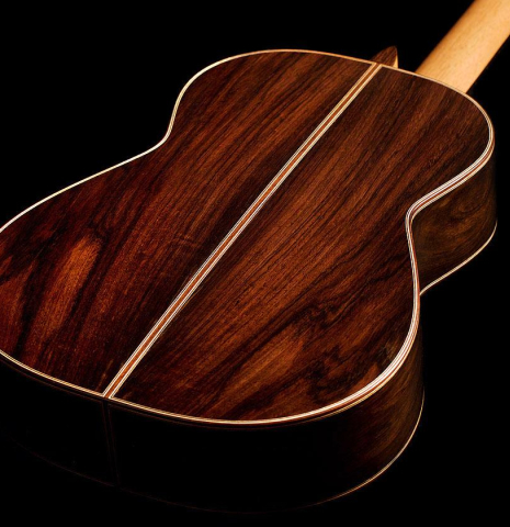 The back and sides of a 2020 Kenneth Brogger "Stradivarius" classical guitar made of spruce and CSA rosewood