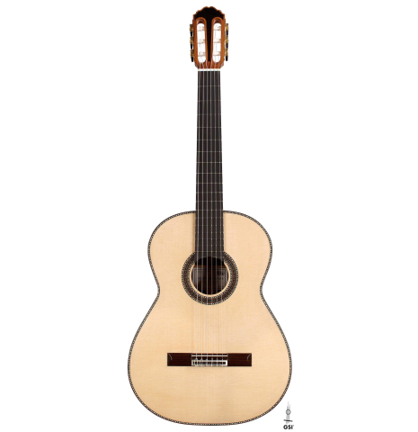 The front of a 2020 Kenneth Brogger "Stradivarius" classical guitar made of spruce and CSA rosewood