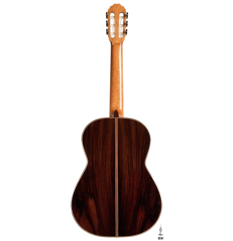 The back of a 2020 Kenneth Brogger "Stradivarius" classical guitar made of spruce and CSA rosewood