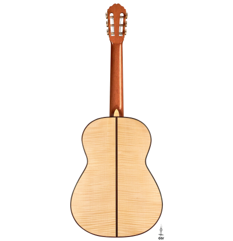 The back of a 2008 Kenneth Brogger classical guitar made of spruce and maple