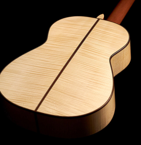 The back of a 2008 Kenneth Brogger classical guitar made of spruce and maple