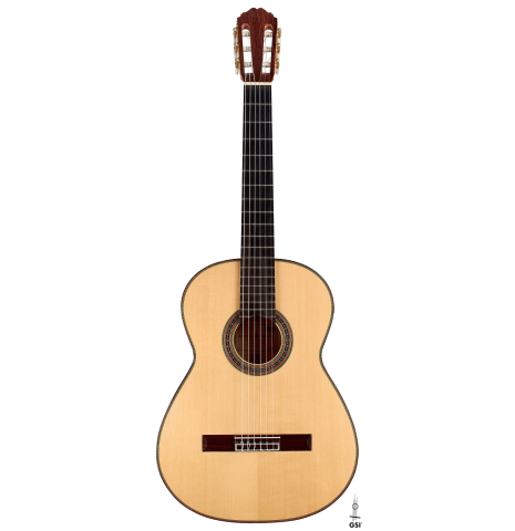 The front of a 2008 Kenneth Brogger classical guitar made of spruce and maple