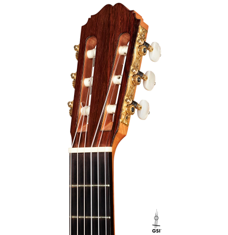 The headstock of a 2008 Kenneth Brogger classical guitar made of spruce and maple