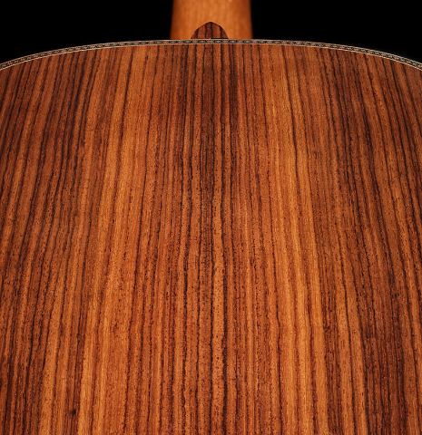 The back center seam of a 2025 Kenneth Brogger "Mosaic" classical guitar made of spruce and Indian rosewood