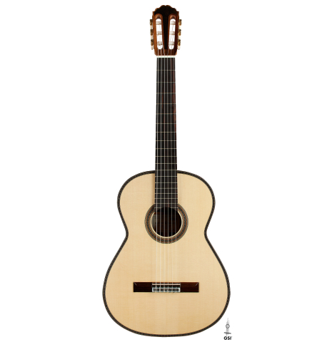 The front of a 2025 Kenneth Brogger "Mosaic" classical guitar made of spruce and Indian rosewood