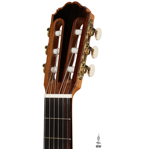 The headstock of a 2025 Kenneth Brogger "Mosaic" classical guitar made of spruce and Indian rosewood