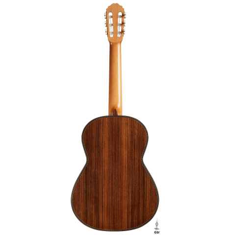 The back of a 2025 Kenneth Brogger "Mosaic" classical guitar made of spruce and Indian rosewood