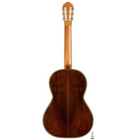 The back of a 2009 Kenneth Brogger "1864 Torres" classical guitar made of spruce and CSA rosewood