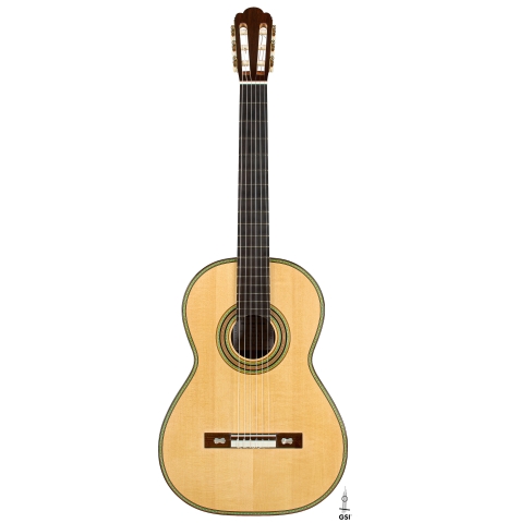 The front of a 2009 Kenneth Brogger "1864 Torres" classical guitar made of spruce and CSA rosewood
