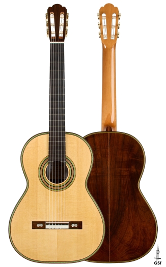 Front and back of a 2009 Kenneth Brögger "1864 Torres" classical guitar, spruce and CSA rosewood