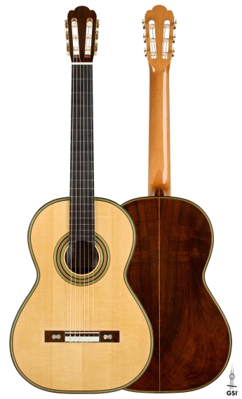 Front and back of a 2009 Kenneth Brögger "1864 Torres" classical guitar, spruce and CSA rosewood