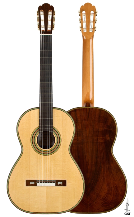 Front and back of a 2009 Kenneth Brögger "1864 Torres" classical guitar, spruce and CSA rosewood