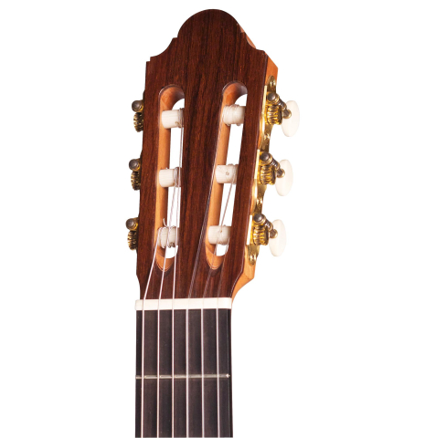 The headstock of a 2007 Michel Bruck classical guitar made of spruce and CSA rosewood