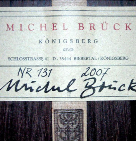 The label of a 2007 Michel Bruck classical guitar made of spruce and CSA rosewood