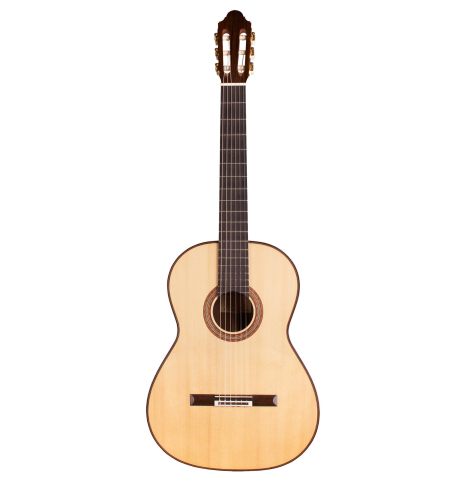 The front of a 2007 Michel Bruck classical guitar made of spruce and CSA rosewood