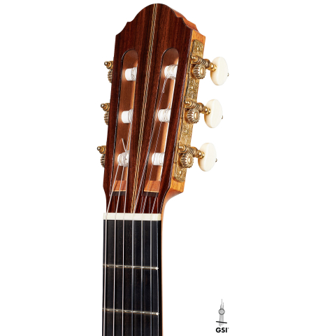 The headstock of a 2023 Ivan Bruna "Limited Edition" classical guitar made of spruce and Indian rosewood