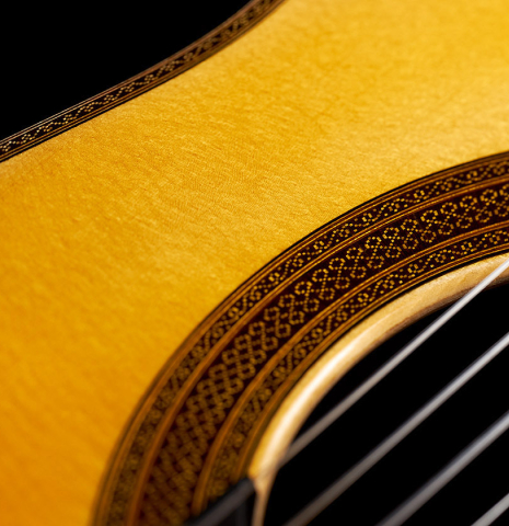 Detail of the rosette of a 2023 Ivan Bruna "Limited Edition" classical guitar made of spruce and Indian rosewood