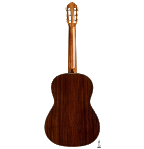 The back of a 2025 Ivan Bruna classical guitar made of spruce and Indian rosewood