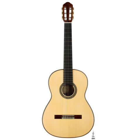 The front of a 2025 Ivan Bruna classical guitar made of spruce and Indian rosewood
