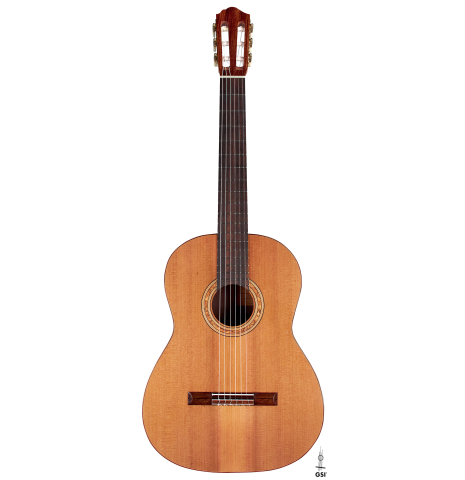 This is the front of a 1984 Cynthia H. Burton CD/IN classical guitar on a white background