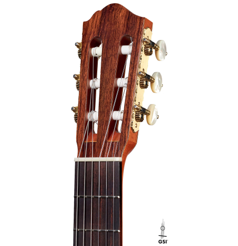 This is the headstock of a 1984 Cynthia H. Burton CD/IN classical guitar on a white background
