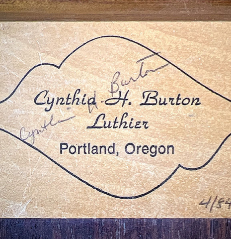 This is the label of a 1984 Cynthia H. Burton CD/IN classical guitar