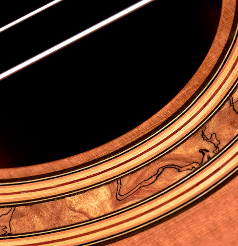 This is a close-up of the rosette of a 1984 Cynthia H. Burton CD/IN classical guitar