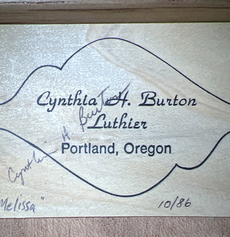 This is the label of a 1986 Cynthia H. Burton SP/MH classical guitar