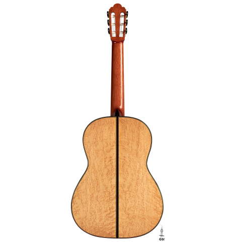 The back of a 2012 Geza Burghardt &quot;1943 Hauser&quot; classical guitar made with spruce and maple.