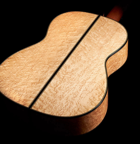 The back of a 2012 Geza Burghardt &quot;1943 Hauser&quot; classical guitar made with spruce and maple.