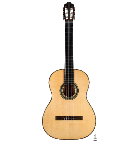 The front of a 2012 Geza Burghardt &quot;1943 Hauser&quot; classical guitar made with spruce and maple.