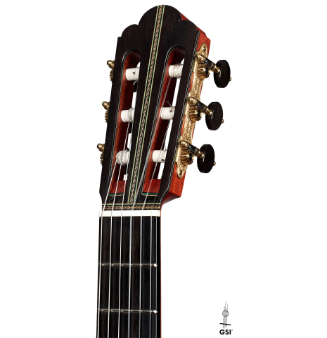 The headstock of a 2012 Geza Burghardt &quot;1943 Hauser&quot; classical guitar made with spruce and maple.