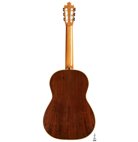 The back of a 2002 Geza Burghardt "Grand Concert - dedicated to JL Romanillos" classical guitar made of spruce and CSA rosewood