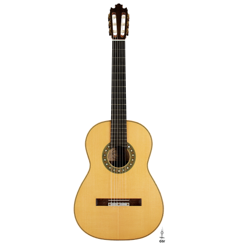 The front of a 2002 Geza Burghardt "Grand Concert - dedicated to JL Romanillos" classical guitar made of spruce and CSA rosewood