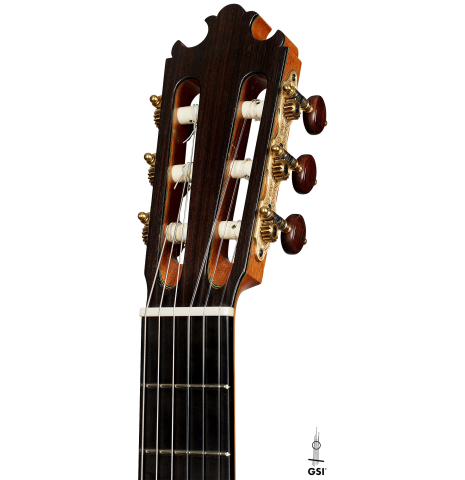 The headstock of a 2002 Geza Burghardt "Grand Concert - dedicated to JL Romanillos" classical guitar made of spruce and CSA rosewood