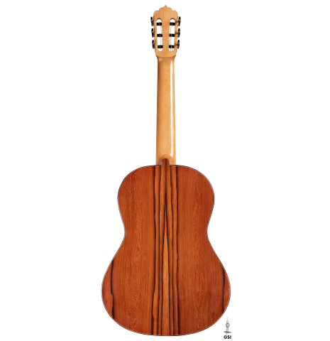 The back of a 2025 Carlos Juan Busquiel classical guitar made with cedar and African rosewood