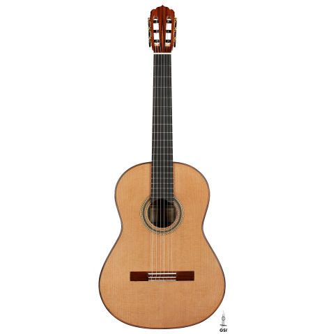 The front of a 2025 Carlos Juan Busquiel classical guitar made with cedar and African rosewood