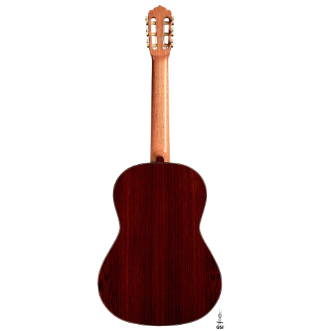 The back of a 2022 Carlos Juan Busquiel classical guitar made with spruce and CSA rosewood shown on a white background