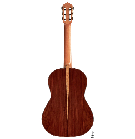 The back of a 2023 Carlos Juan Busquiel classical guitar made with spruce and CSA rosewood shown on a white background