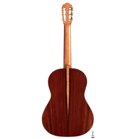 The back of a 2023 Carlos Juan Busquiel classical guitar made with cedar and CSA rosewood shown on a white background