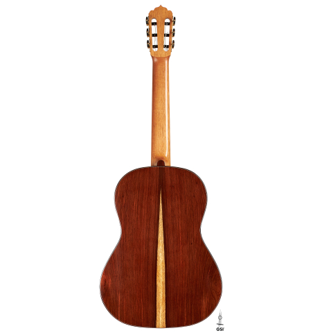 The back of a 2024 Carlos Juan Busquiel classical guitar made with cedar and CSA rosewood shown on a white background