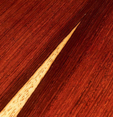 Detail of the back center seam of a 2024 Carlos Juan Busquiel classical guitar made with cedar and CSA rosewood