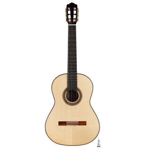 The front of a 2024 Carlos Juan Busquiel classical guitar made with spruce and African rosewood
