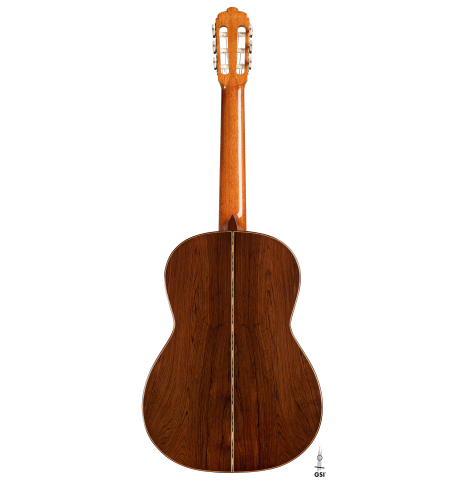 The back of a 2005 Gregory Byers classical guitar made with spruce and CSA rosewood