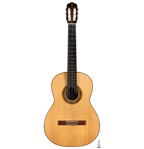 The front of a 2005 Gregory Byers classical guitar made with spruce and CSA rosewood