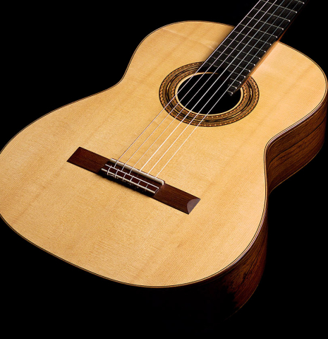 The front of a 2005 Gregory Byers classical guitar made with spruce and CSA rosewood