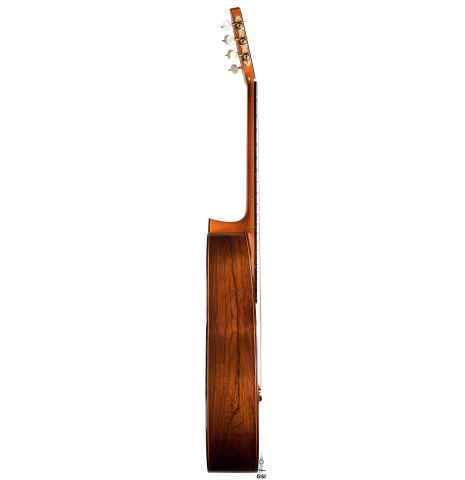 The side of a 2005 Gregory Byers classical guitar made with spruce and CSA rosewood