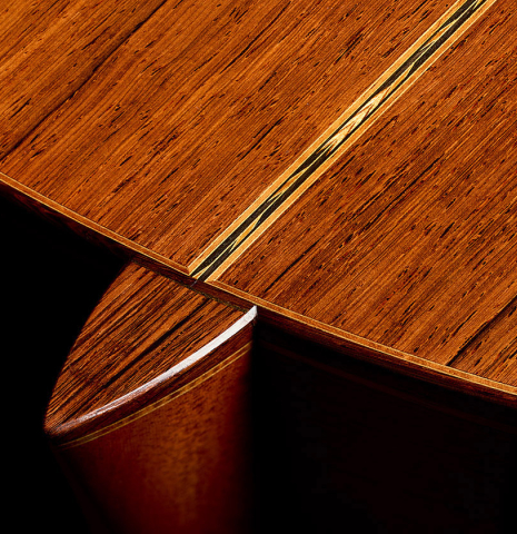 The heel, back binding and purfling of a 2007 Gregory Byers "7-string" classical guitar (ex John Dearman) made of spruce and CSA rosewood