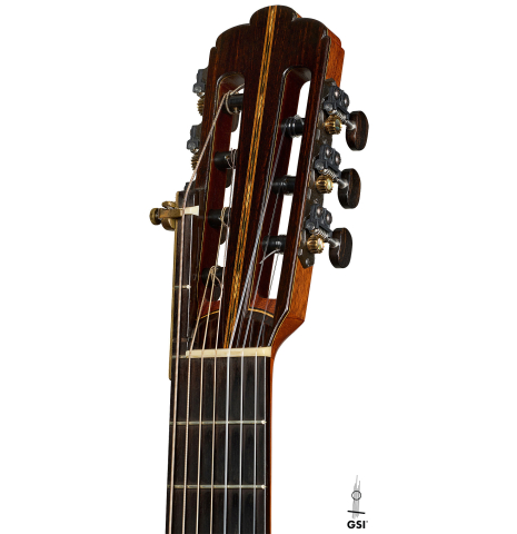 The headstock of a 2007 Gregory Byers "7-string" classical guitar (ex John Dearman) made of spruce and CSA rosewood